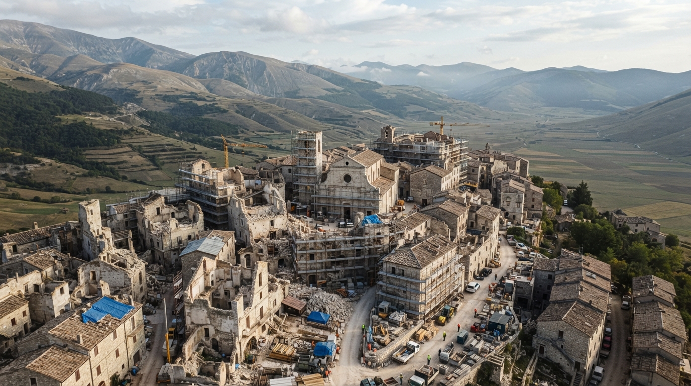 Veduta aerea di un borgo del centro Italia colpito dal terremoto con edifici in ricostruzione