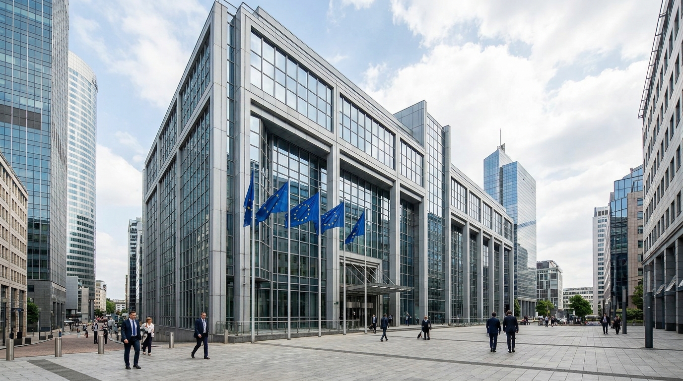 Edificio istituzionale europeo moderno con bandiere dell'Unione Europea