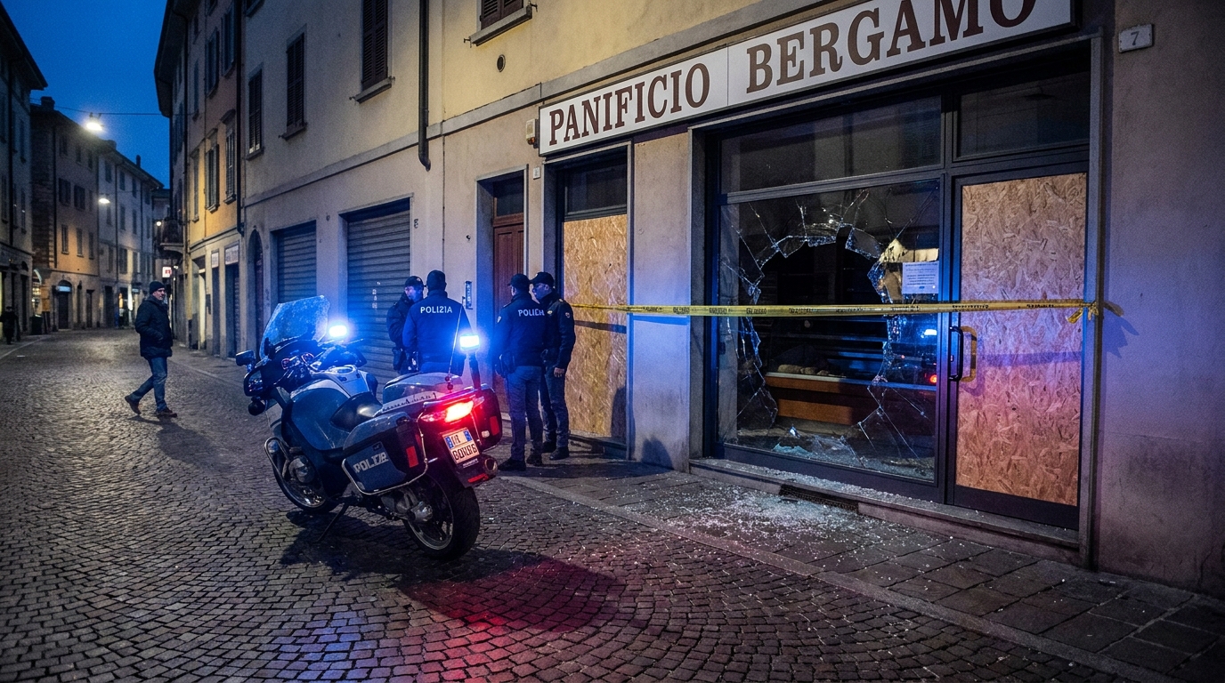 Vetrina danneggiata di un panificio durante un tentato furto notturno a Bergamo