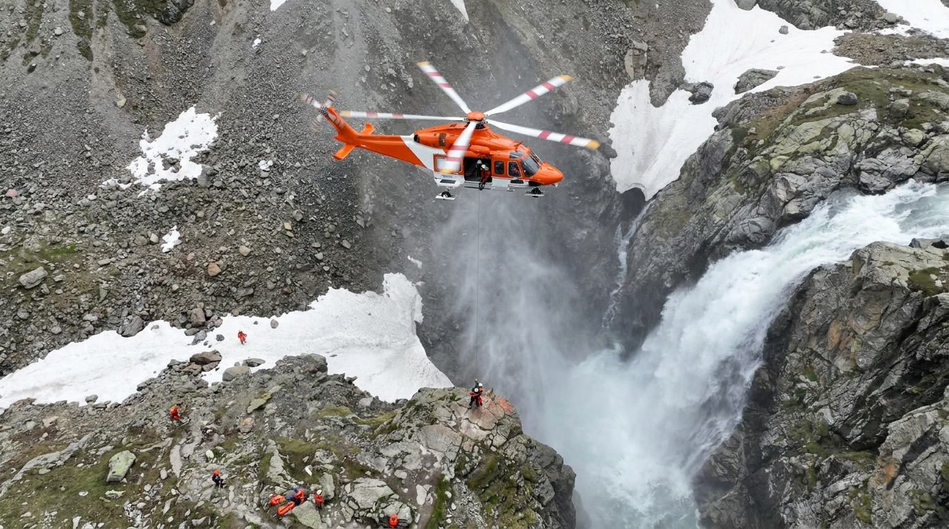 Elisoccorso in azione sopra una cascata di montagna durante un intervento di emergenza