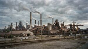 Stabilimento siderurgico con impianti industriali e ciminiere