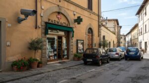 Esterno di una farmacia italiana con sistema di videosorveglianza in ambiente urbano