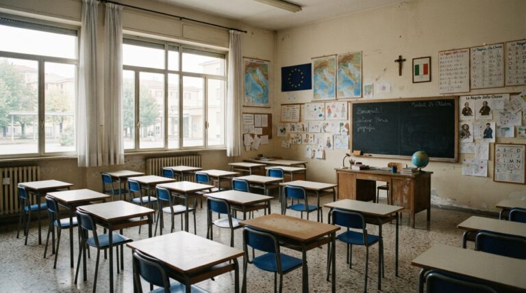 Aula scolastica italiana con banchi e sedie vuoti, rappresentativa del sistema educativo pubblico