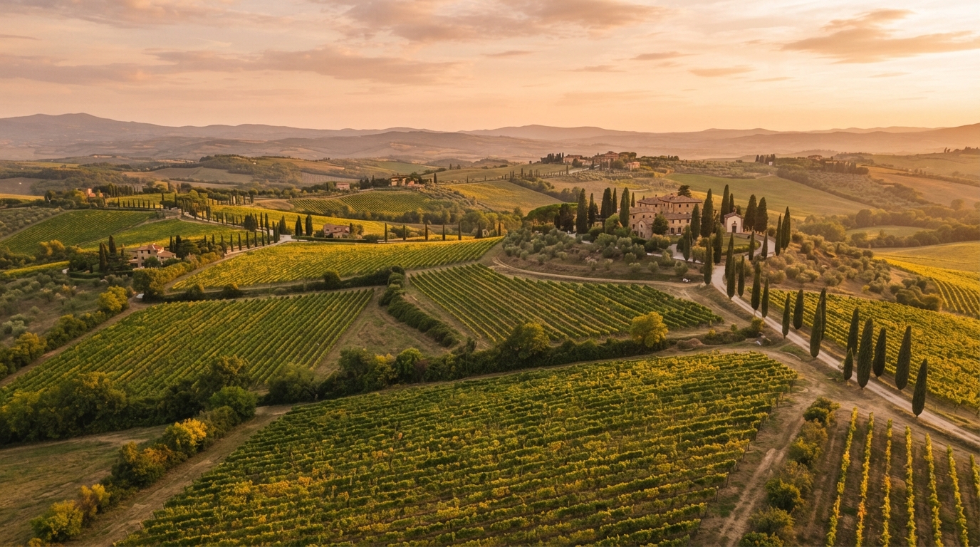 Veduta aerea di vigneti toscani al tramonto con filari ordinati sulle colline