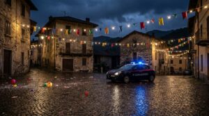 Piazza di un piccolo comune italiano di notte dopo i festeggiamenti