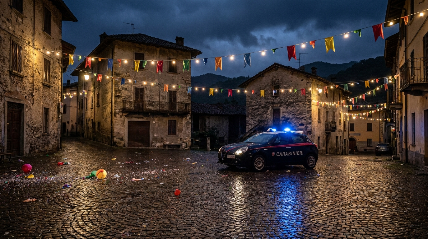Piazza di un piccolo comune italiano di notte dopo i festeggiamenti