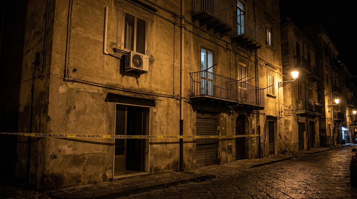 Facciata di un edificio residenziale con climatizzatore nella notte durante indagini delle forze dell'ordine