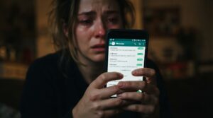 Schermo di smartphone con chiamate e messaggi minacciosi, simbolo dello stalking digitale