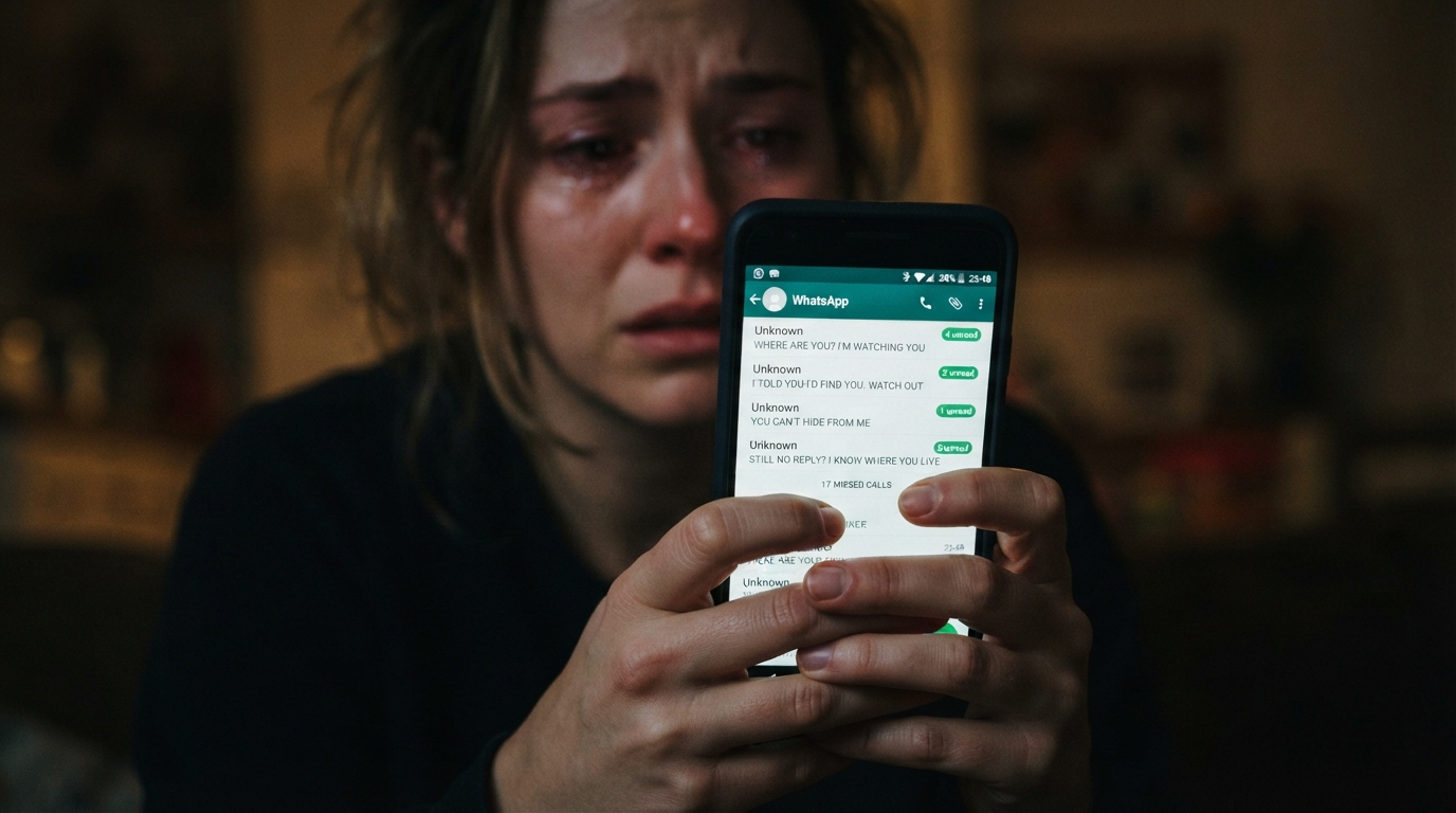 Schermo di smartphone con chiamate e messaggi minacciosi, simbolo dello stalking digitale