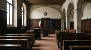Aula di tribunale italiana con banchi in legno e bandiera tricolore