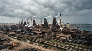 Stabilimento siderurgico con altiforni e ciminiere, simbolo dell'industria pesante italiana