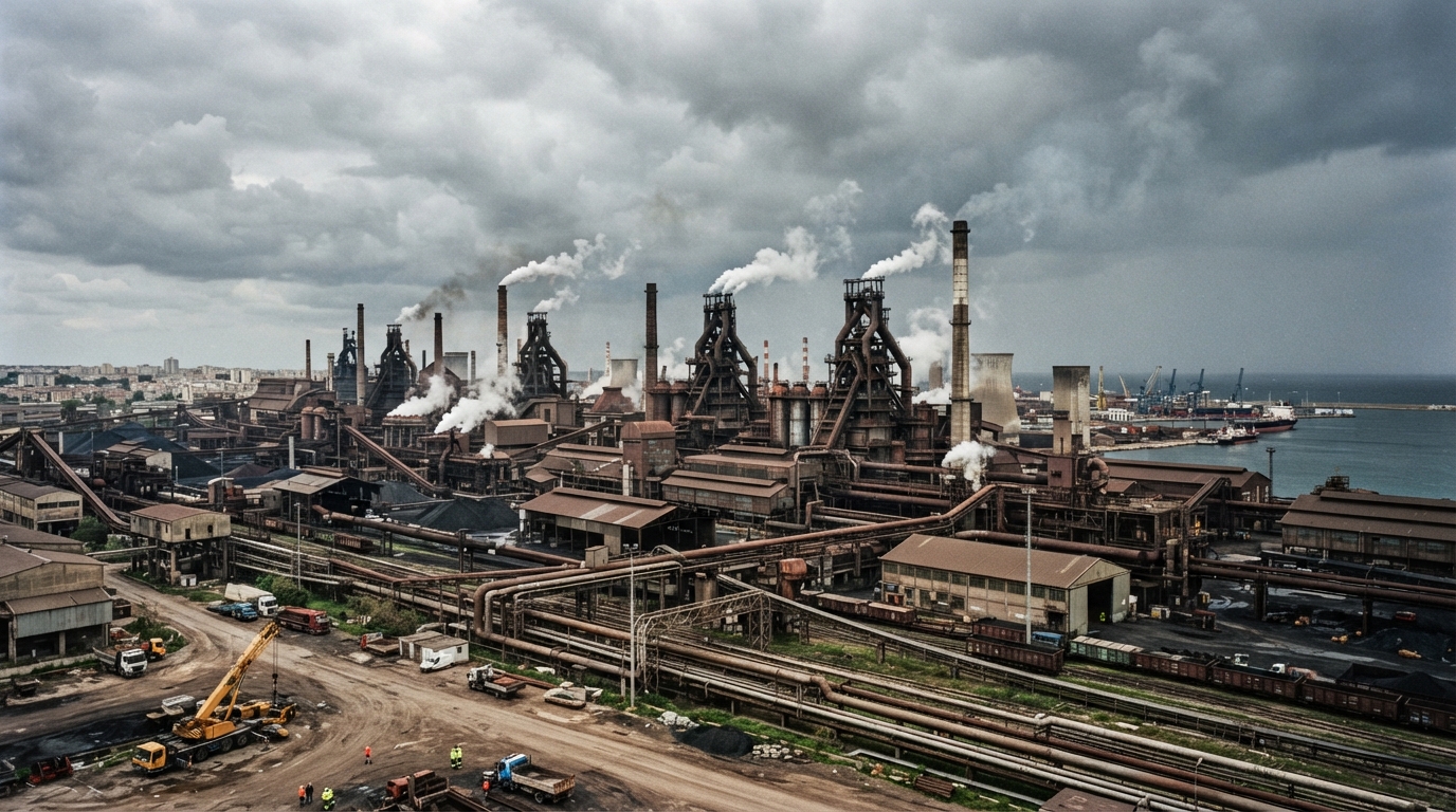 Stabilimento siderurgico con altiforni e ciminiere, simbolo dell'industria pesante italiana