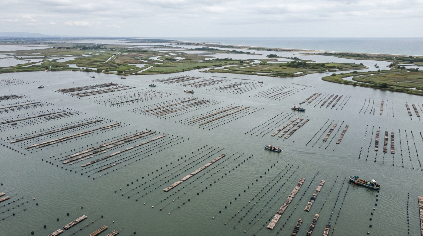 Impianti di mitilicoltura nella Sacca di Goro con strutture galleggianti per l'allevamento delle cozze
