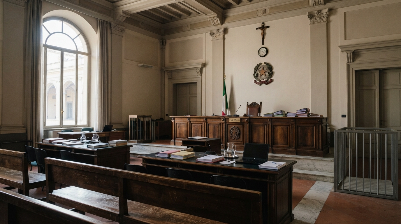 Aula di tribunale italiano durante un'udienza, con banchi e documenti legali