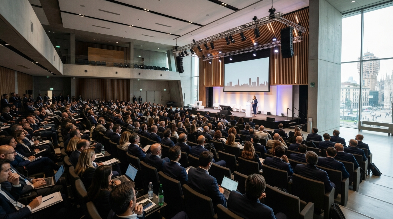Sala conferenze a Milano durante un forum di dibattito pubblico